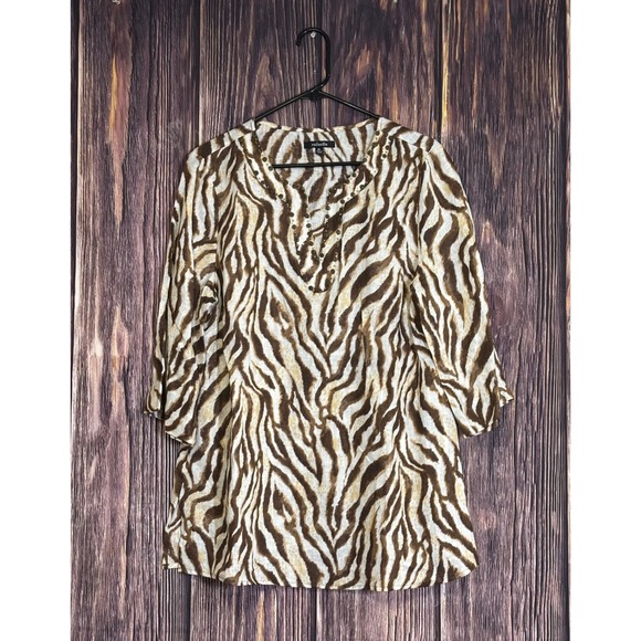 Rafaella Linen Tunic Womens XL Zebra Animal Print Top Brown Beige Embellished - Picture 1 of 14